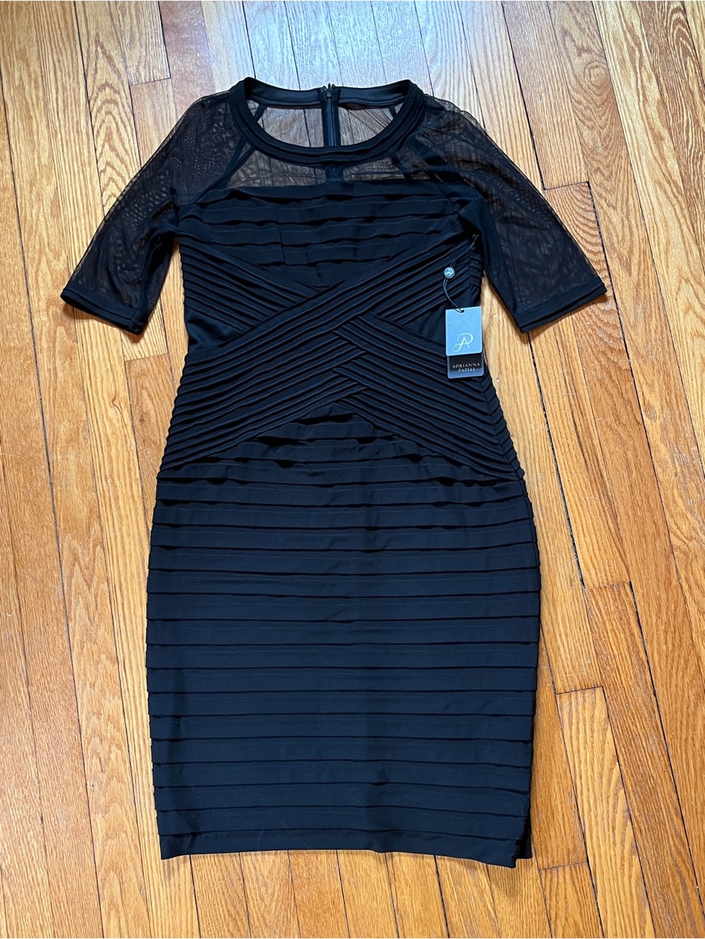 Adrianna Papell Black Mesh-Sleeve Bandage Dress